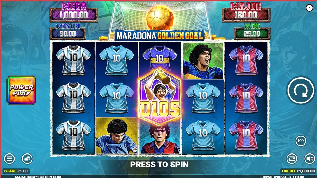Interface do jogo de slot Maradona Golden Goal com elementos de futebol e ícones de prêmios